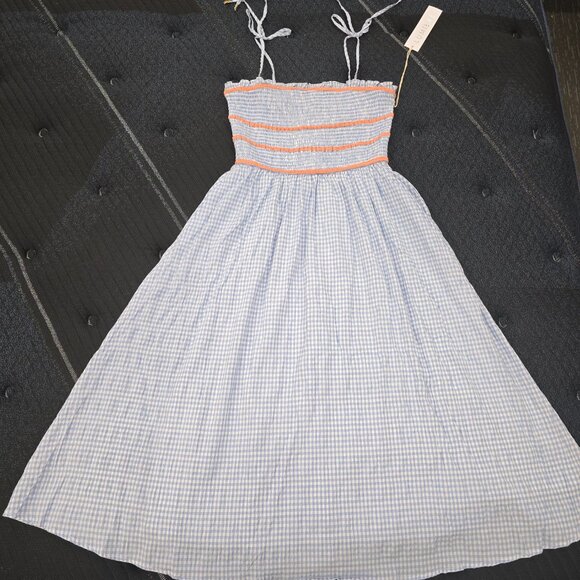 Lumière Women's Tie Shoulder Smocked Fit&Flare Blue & White Gingham Midi Dress L - Picture 3 of 12